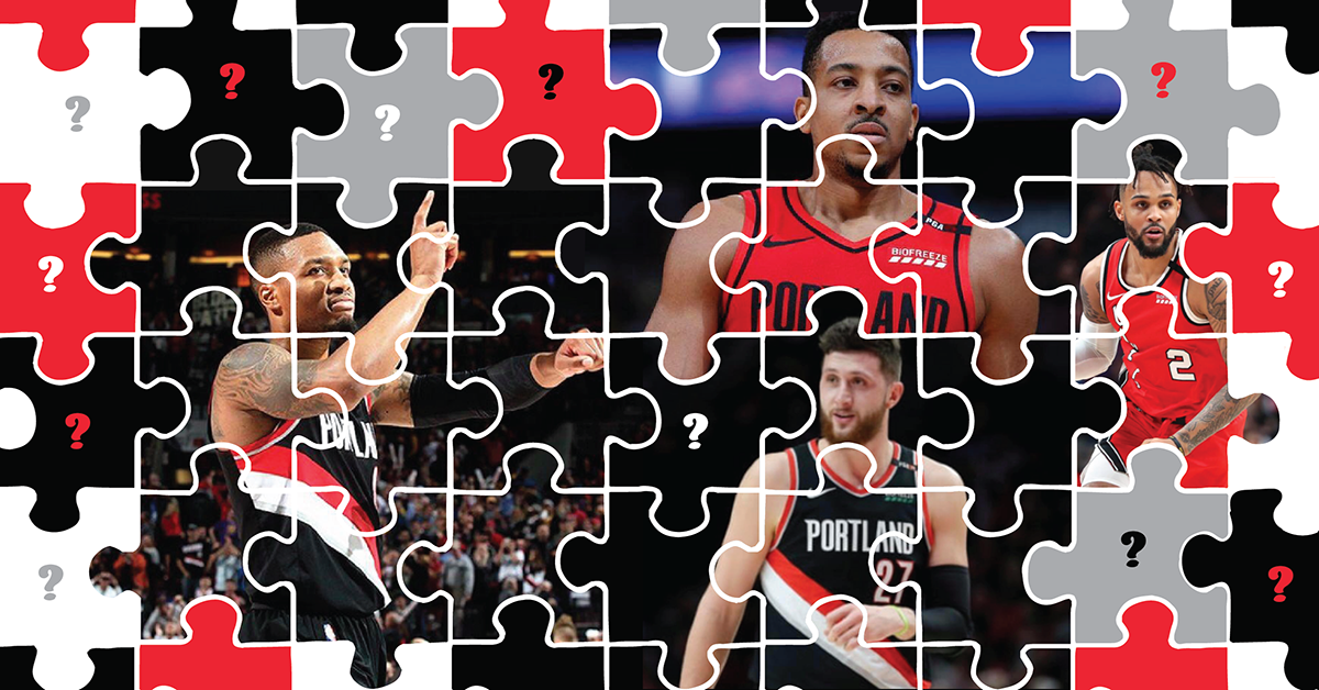 A graphic showcasing images of Damian Lillard, CJ McCollum, Jusuf Nurkic, and Gary Trent Jr. The graphic is meant to look like pieces to a puzzle.