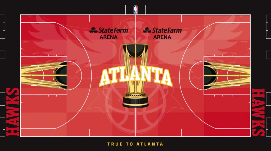 Atlanta Hawks 2025-26 NBA Cup court design features a red background design with a hawk holding a basketball etched into the center of the court and black baseline border.